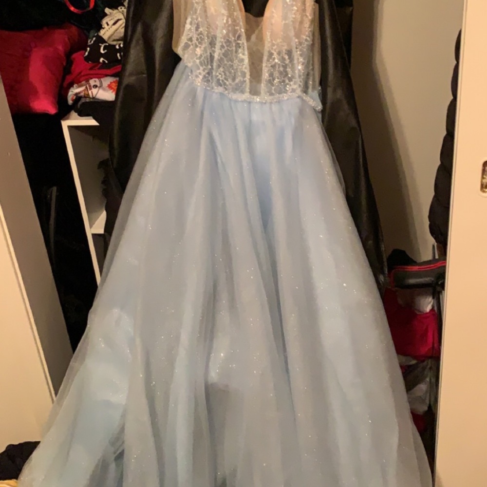 Blue sparkle prom dress. Shear top. Beading and pearl. Tulle.